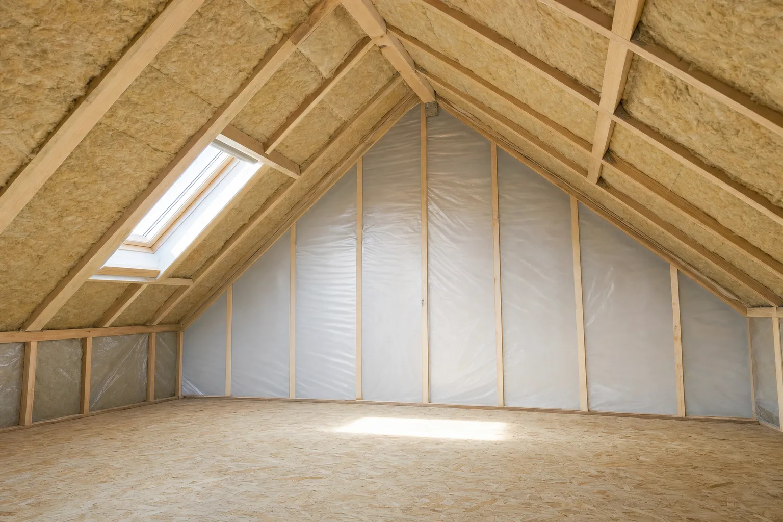 Étape d’isolation sous les rampants de combles avec une ossature en bois