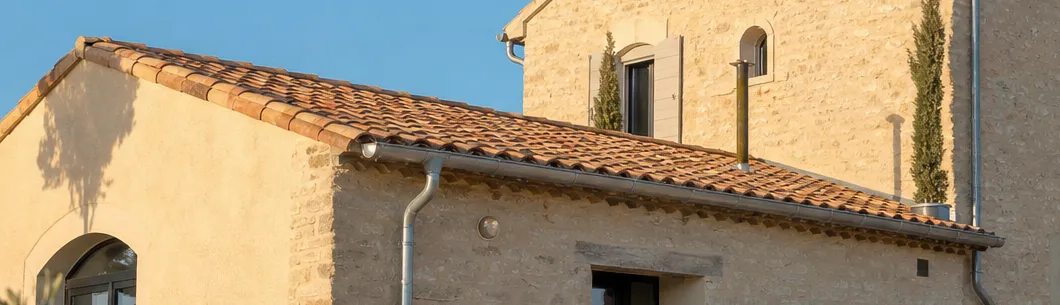 Détail d’une toiture en tuiles sur un bâtiment en pierre